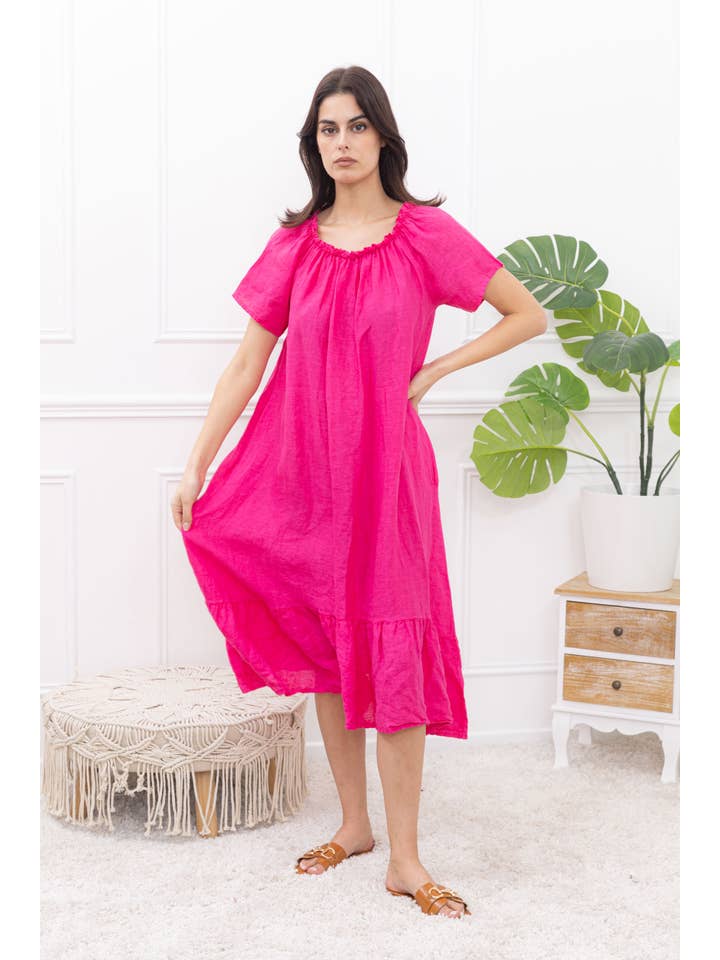 Happy look - Wholesale Dress - Women's - Long Linen Dress with Short Sleeves and Elastic Collar17