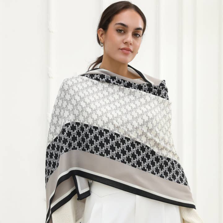 YOUZEY - Wholesale Scarf - Women's - The Poppy - Monochrome Black, Grey, White Faux Silk Scarf3