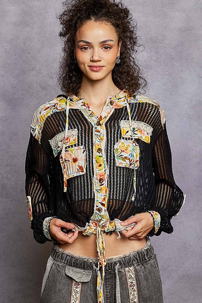 Pol Clothing - Wholesale Jacket - Women's - Vintage washed floral print patch crochet jacket SALE12