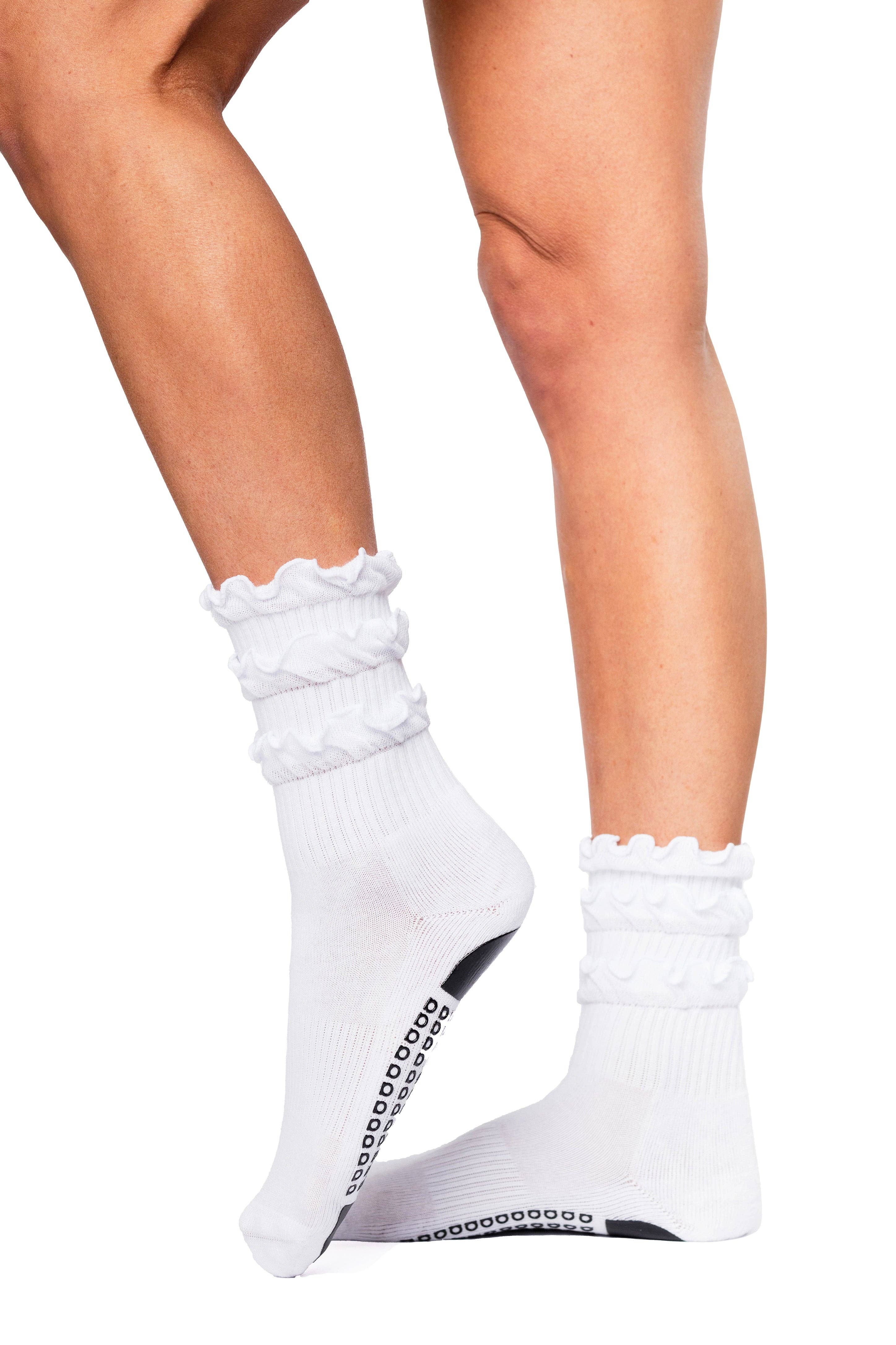 White Triple Ruffle Crew Grip Sock for wholesale on Faire1