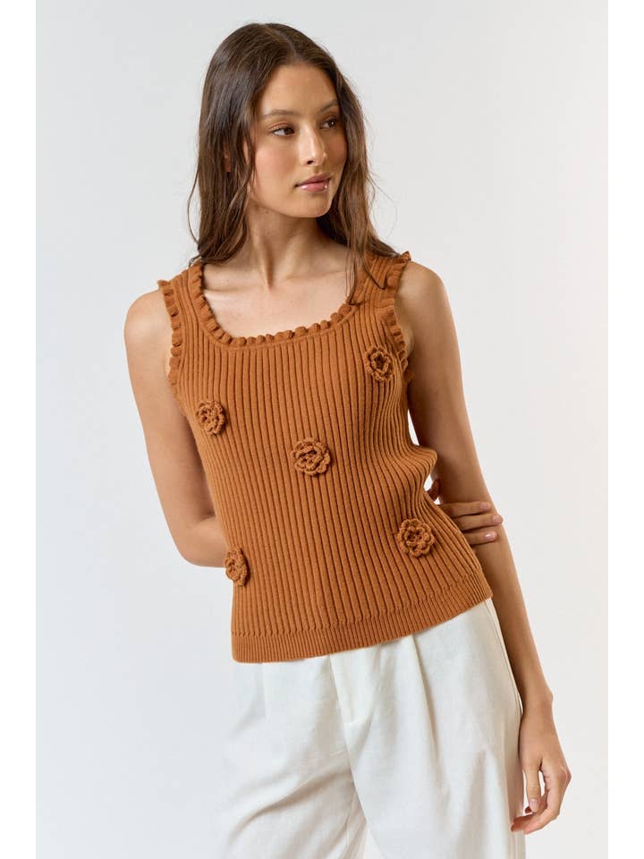 Lalavon - Wholesale Knit Top - Women's - ILT3740 3D Crochet Flower And Ruffled Hem Knit Tank Top 1