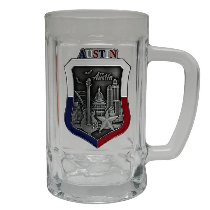 Austin Texas Beer Mug with 3D Metal Landmark Emblem for wholesale by Scruffy's Ventures Inc.