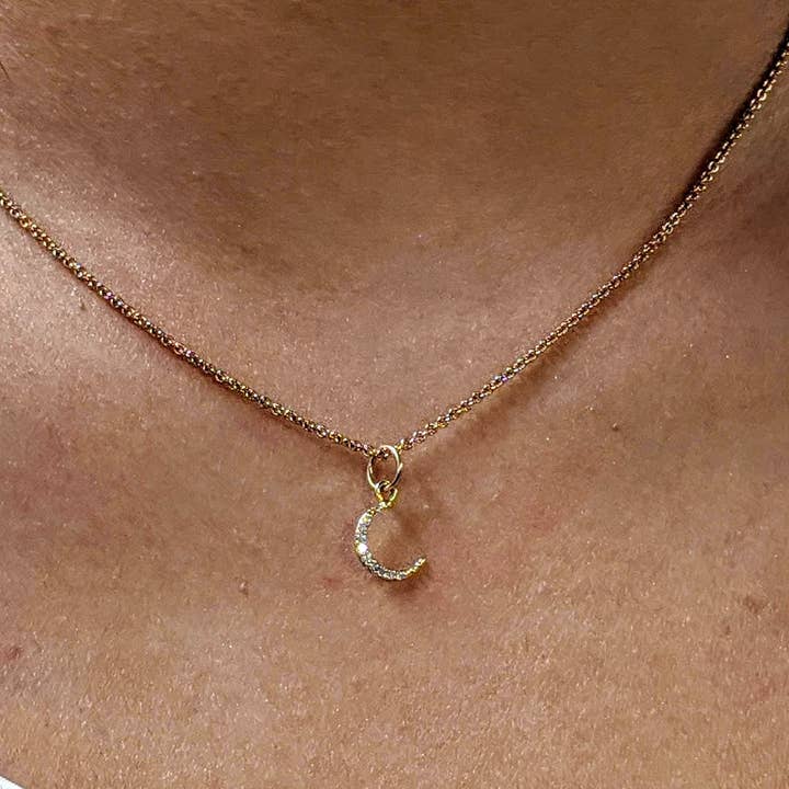 14k Solid Gold Crescent Moon C Charm With Pave' Diamonds / Next Day Ship for wholesale by SHREE DIAMOND GEMS AND JEWELS