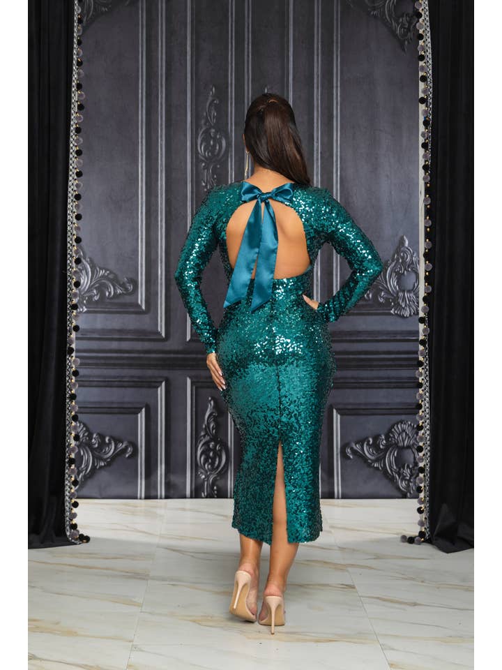 EMERALD 7207-SOLID COLOR LONG SLEEVE SEQUIN MIDI DRESS for wholesale on Faire