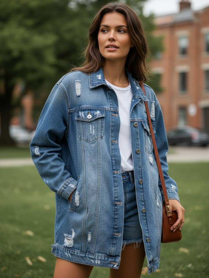 Lange destroyed spijkerjas met borduursels en boodschap voor wholesale door A Woman we Love