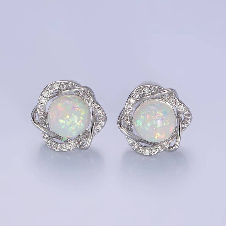 Oro Orecchini a bottone tondi a fascia rotonda con micro pavé curvo in opale bianco in vendita all'ingrosso su Faire2