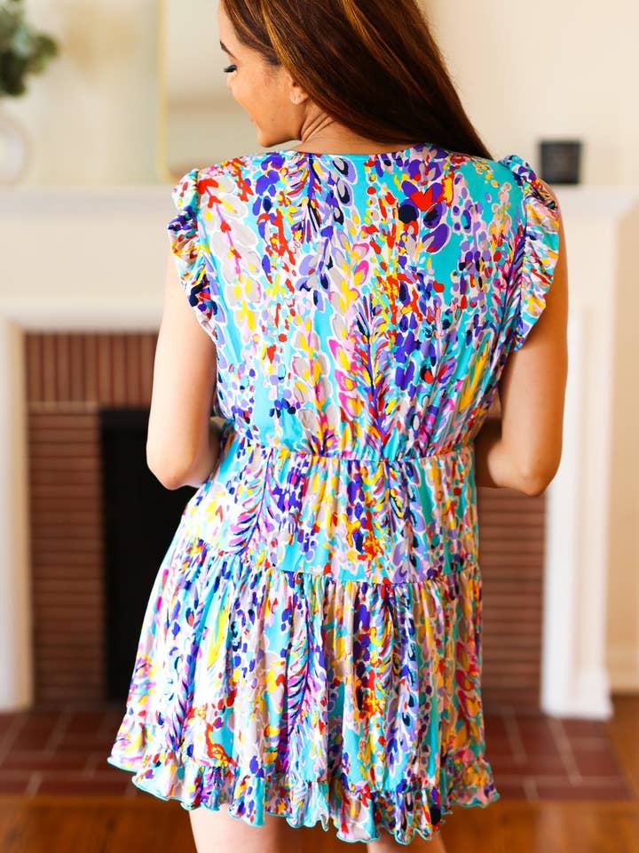 Promenade - Wholesale Dress - Women's - Just for Fun Aqua Floral V Neck Ruffle Sleeve & Hem Dress (Open Pack)