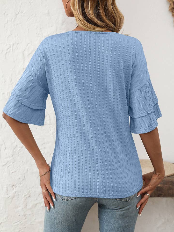 Lovesoft - Wholesale Blouse - Women's - 2026 Spring Solid Color V-Neck Ruffle Sleeve ShortSleeve Top6