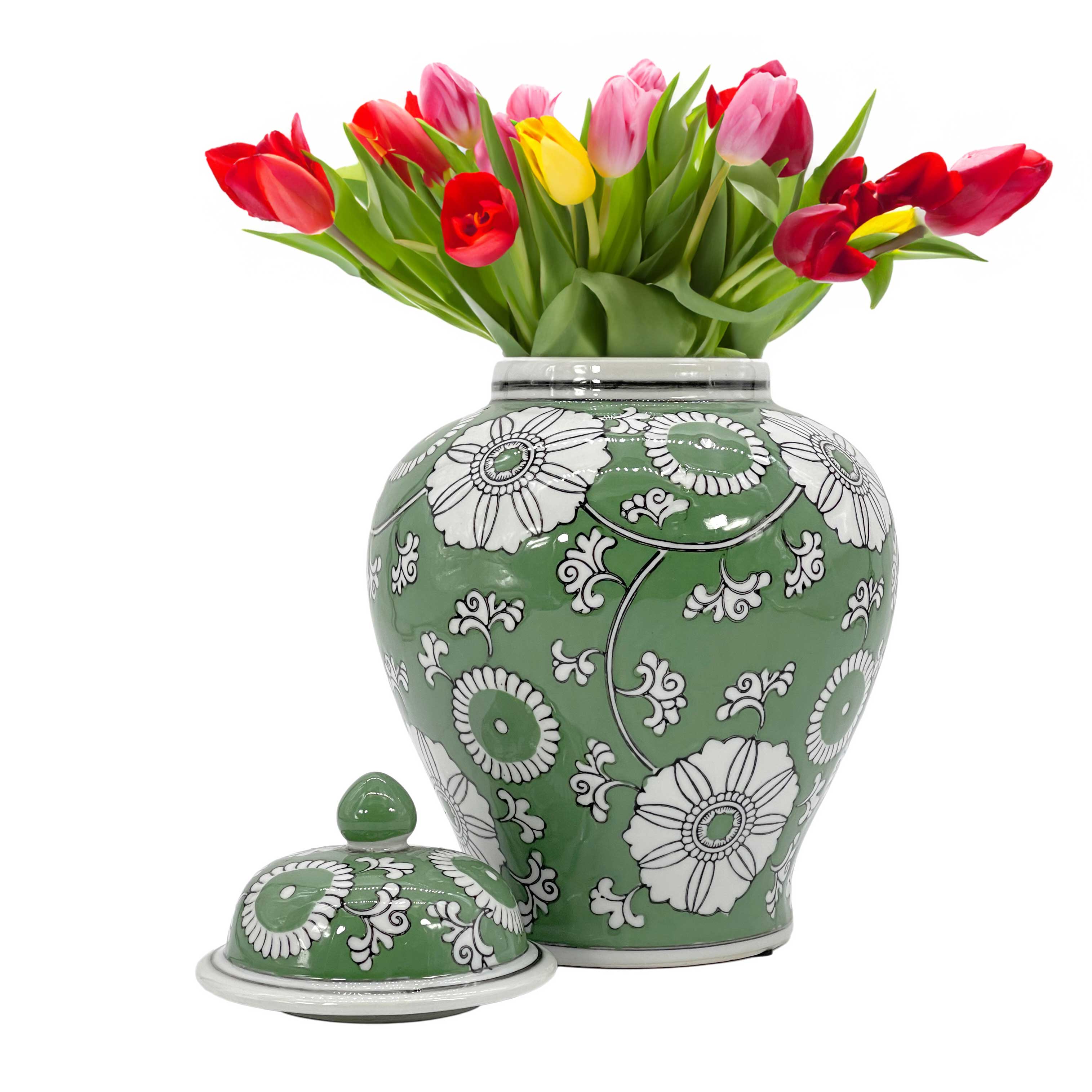 Galt International Company - Vente Bocal décoratif - Jarre en céramique chinoiserie florale 30 cm15