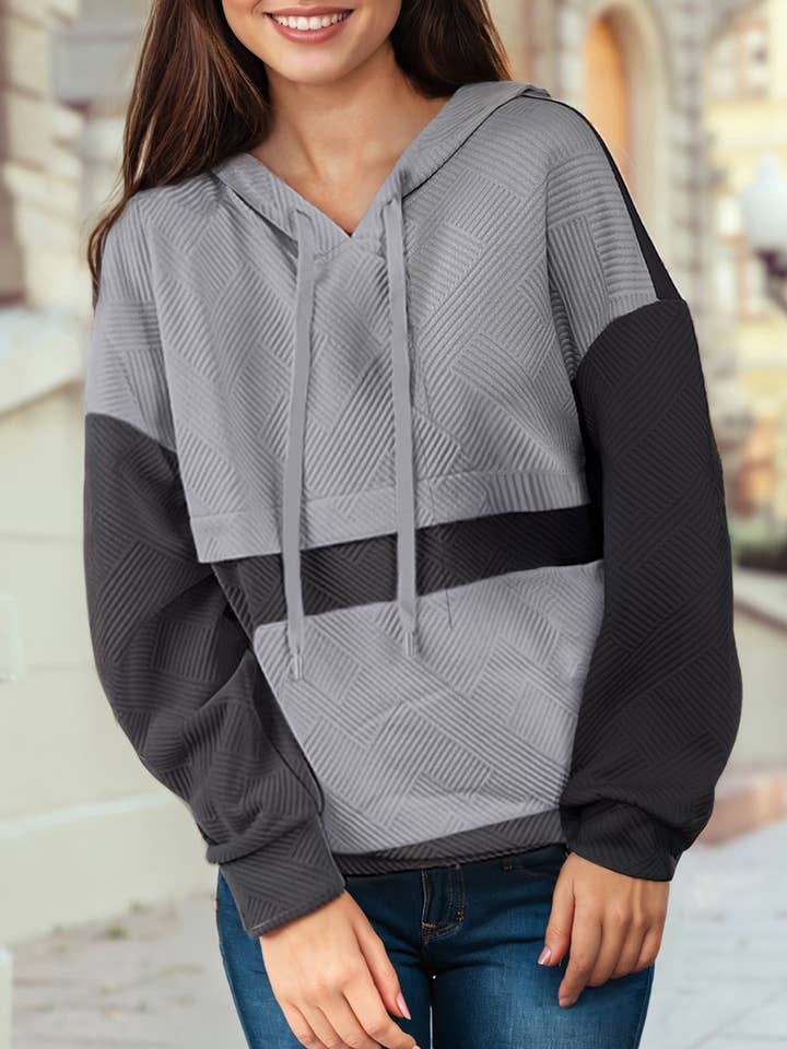 1 the Woman - Wholesale Hoodie - Women's - Textured Color Block Kangaroo Pocket Drop Shoulder Hoodie