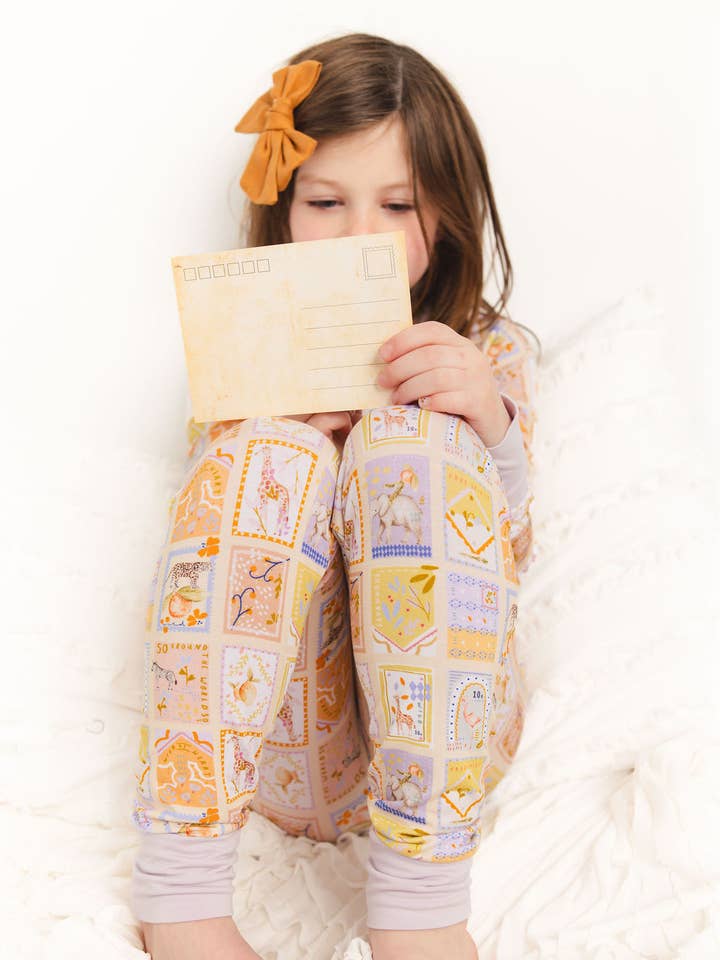 Kids Long Sleeves Bamboo Pajama Set - Vintage Stamps for wholesale by Love, Eloise