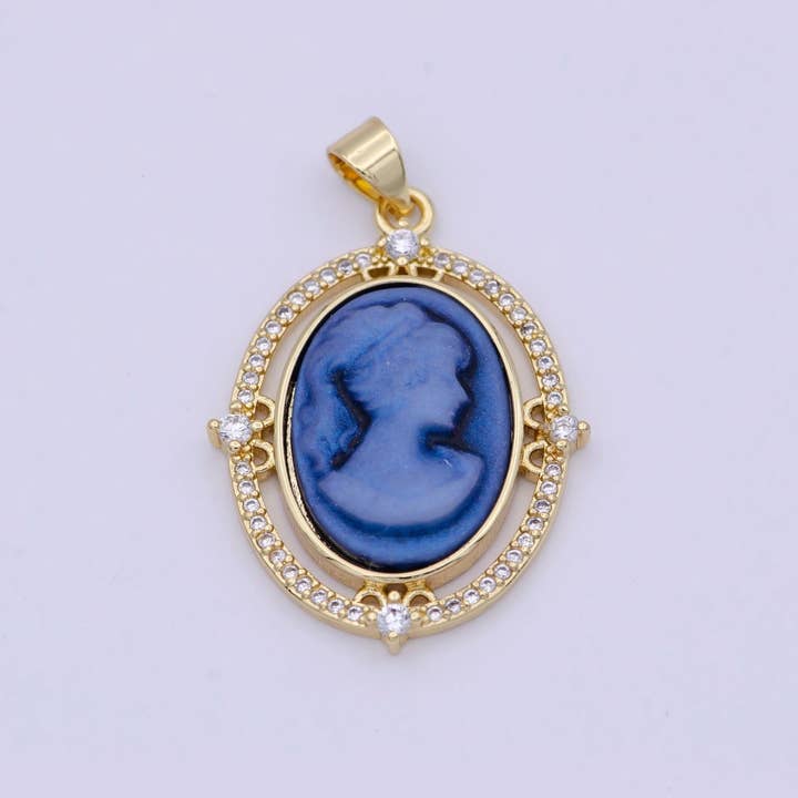 Aim Eternal - Wholesale Individual Charm/Pendant - 24K Gold Filled Micro Paved CZ Blue Pink Green Agate Women's Portrait Italian Cameo Victorian Vintage Pendant N-616 N-617 N-618
