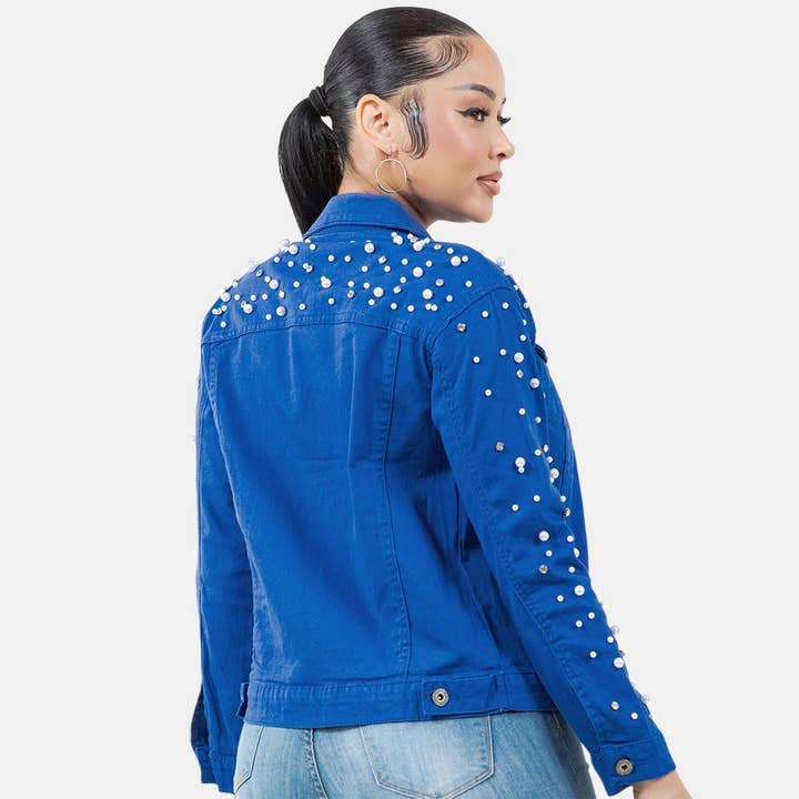 Diacly - Wholesale Denim Jacket - Women's - Radiant Pearls Rhinestone Deco Jean Jacket Royal Blue1