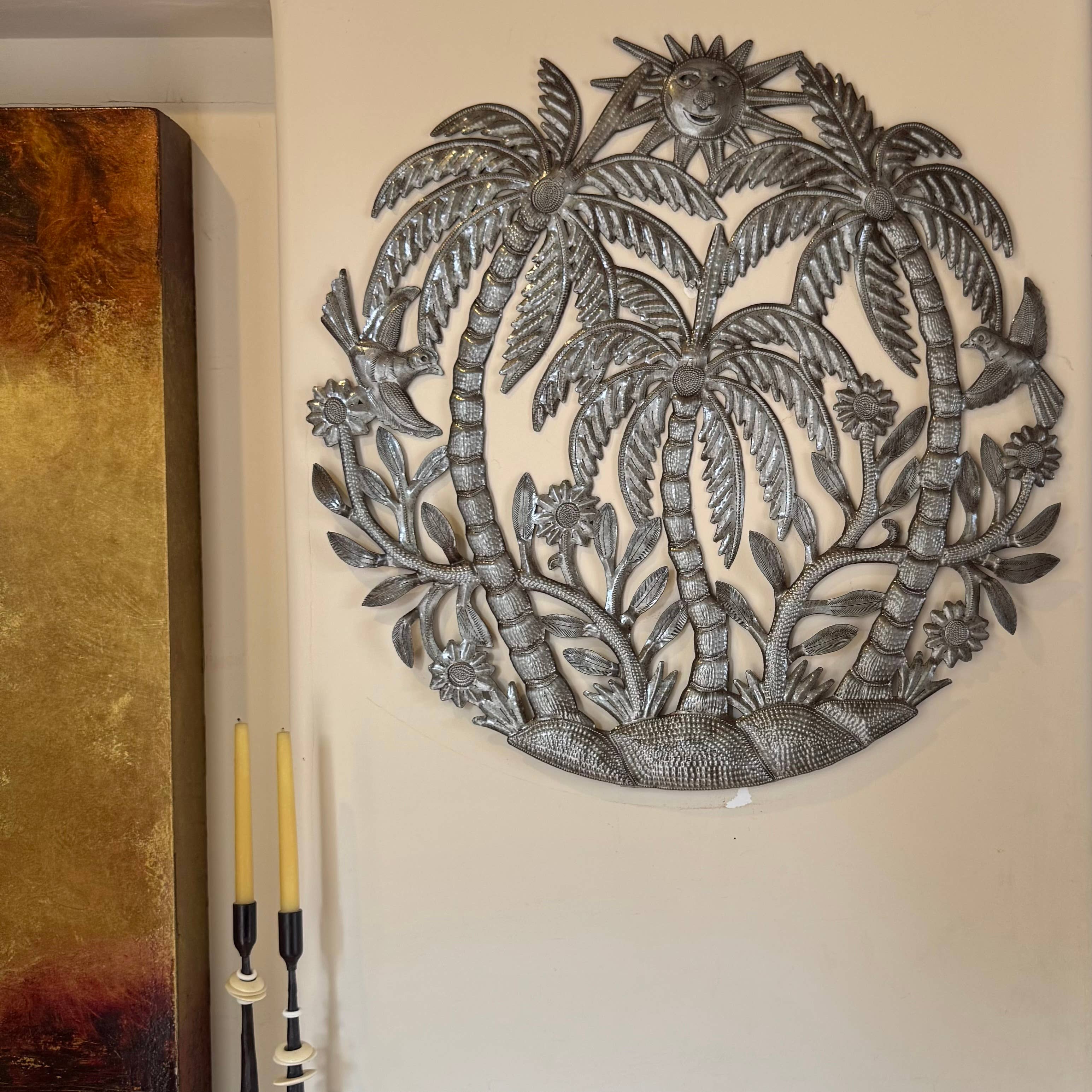 Haiti Fair Trade~ It's Cactus - Wholesale Wall Accent - Haitian Metal Wall Art – Palms, Sun & Birds, Fair Trade 23"3