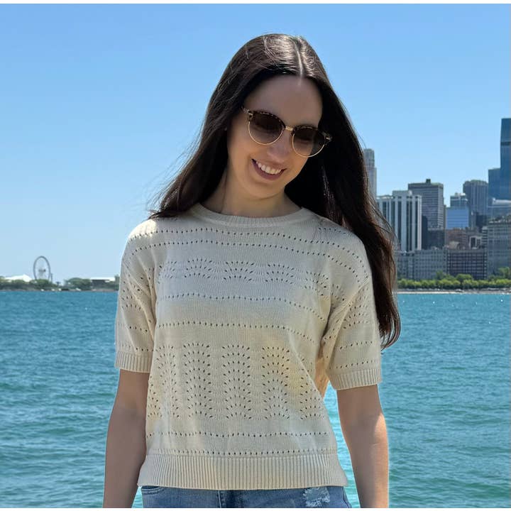 Beige Knitted Short Sleeve Crop Sweater for wholesale by Anita Marie Apparel