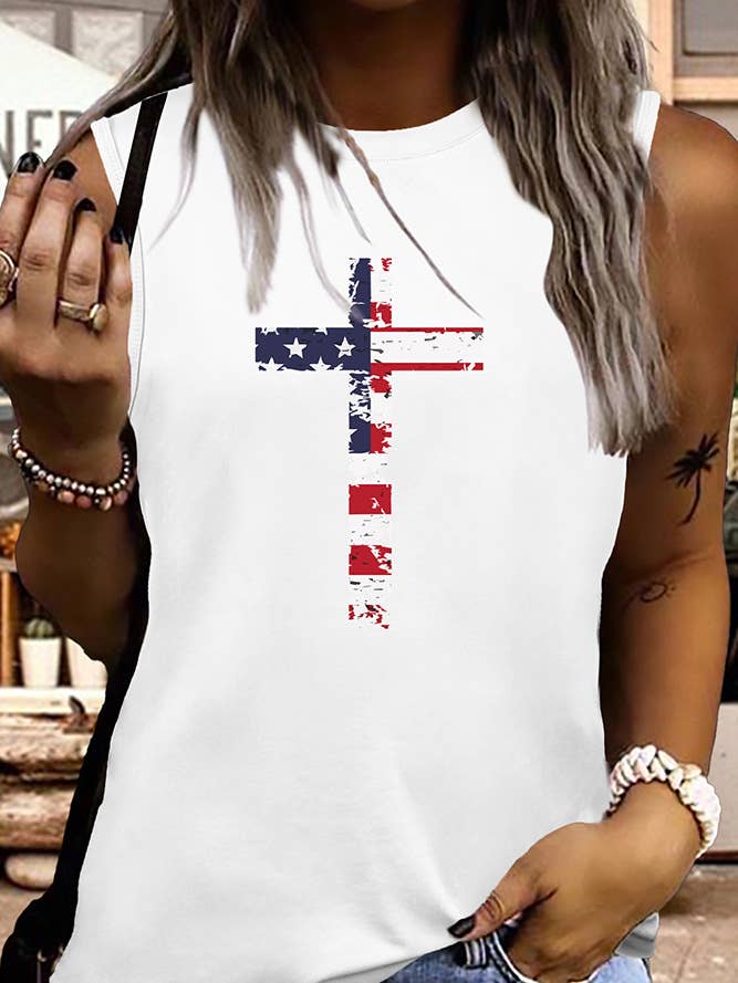 UNISHE - Wholesale Tank Top - Women's - USA Flag Cross Christian Print Graphic Tank Top STC125D50