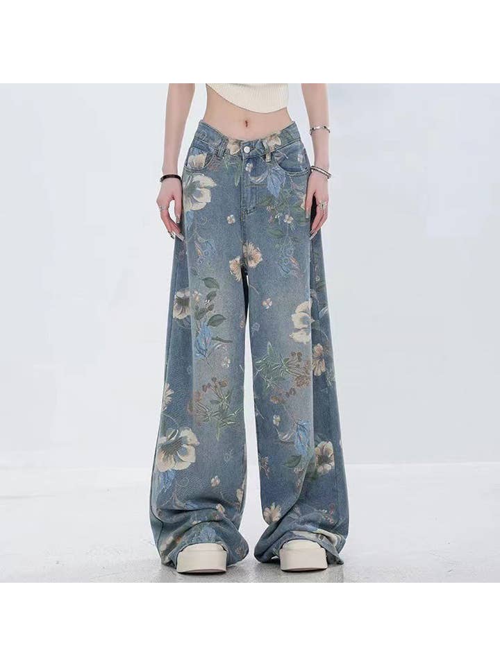Blu Jeans a vita alta a gamba larga con stampa floreale retrò da donna in vendita all'ingrosso su Faire