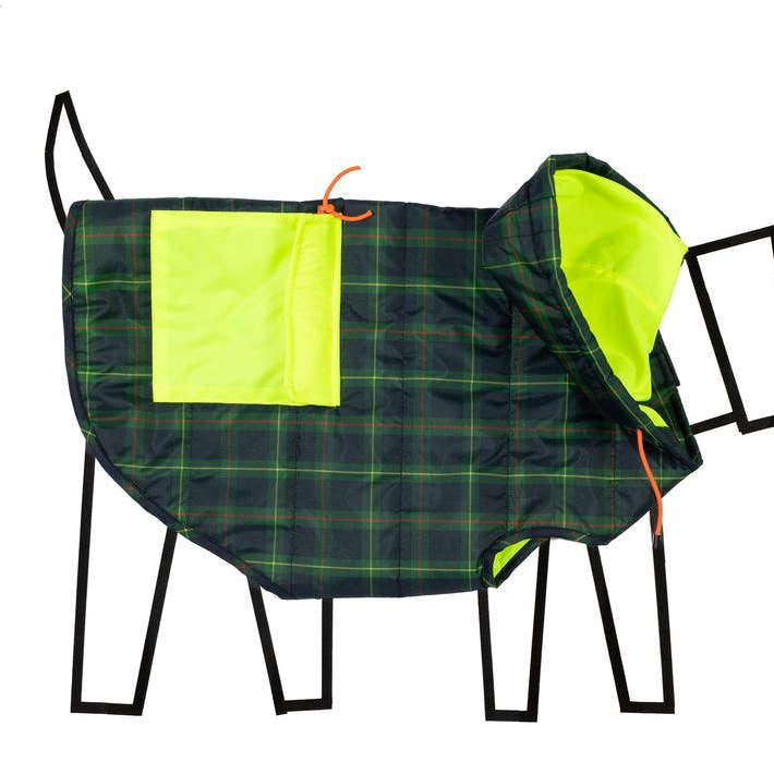 Plaid/ Neon Yellow Nylon Puffer Dog Jacket for wholesale by Ware of the Dog