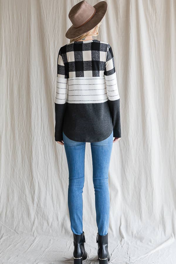 7th Ray - Wholesale Knit Top - Women's - Cozy Color Block Plaid Striped Thumbhole Pullover TopT4423-19