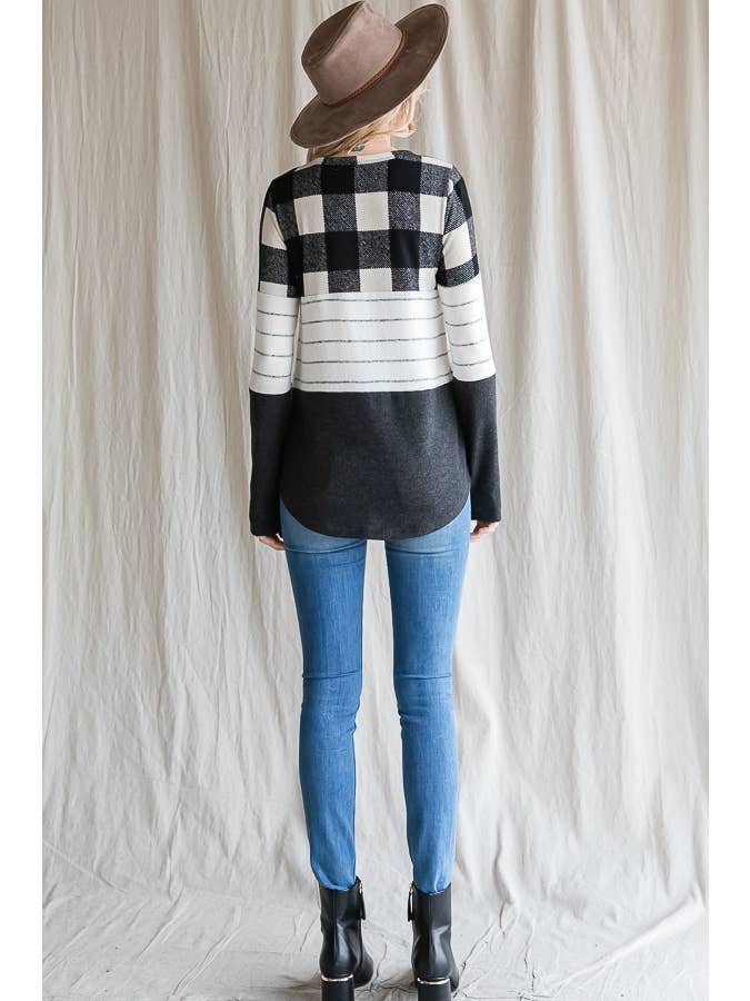 7th Ray - Wholesale Knit Top - Women's - Cozy Color Block Plaid Striped Thumbhole Pullover TopT4423-19