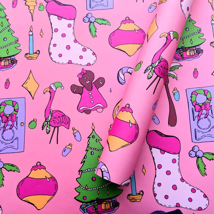 Mary Felker Art and Design - Wholesale Flat Wrap - Flamingo Pink Christmas Wrapping Paper, Colorful Gift Wrap