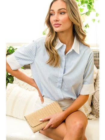 Vine & Love - Wholesale Button Down Shirt - Women's - Short Sleeve Contrast Collar And Cuffs Stripe Shirt VT81383
