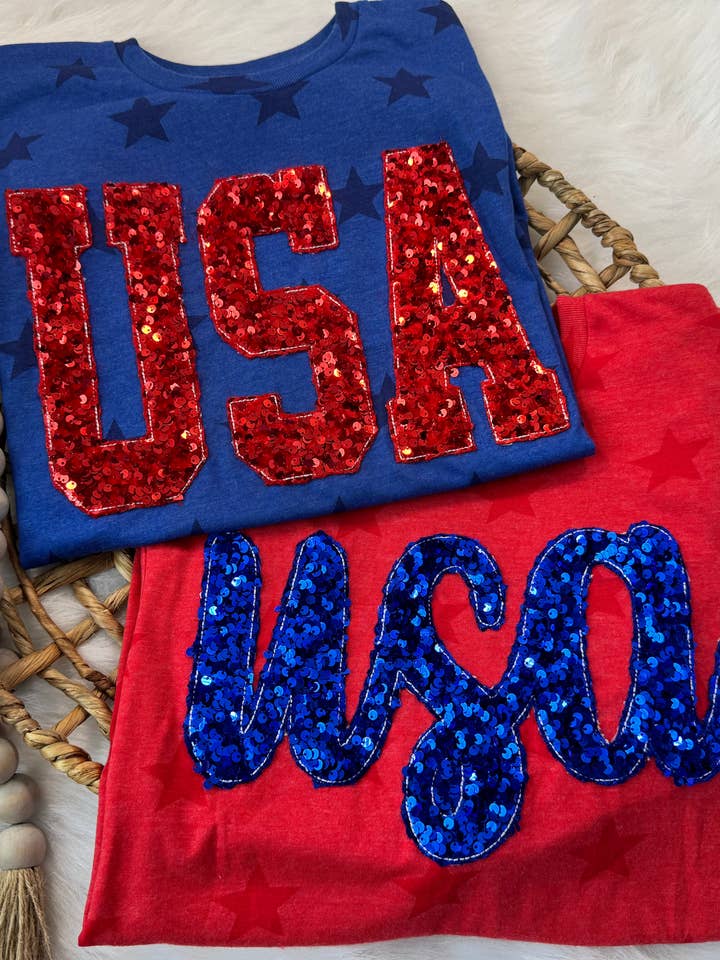 USA Sequin Embroidered T-shirt for wholesale by HarperNThreadCo