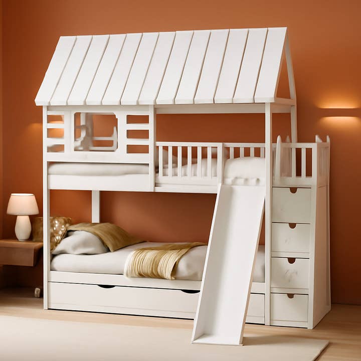 Kids Twin Over Twin Bunk Bed With Slide And Trundle White for wholesale on Faire