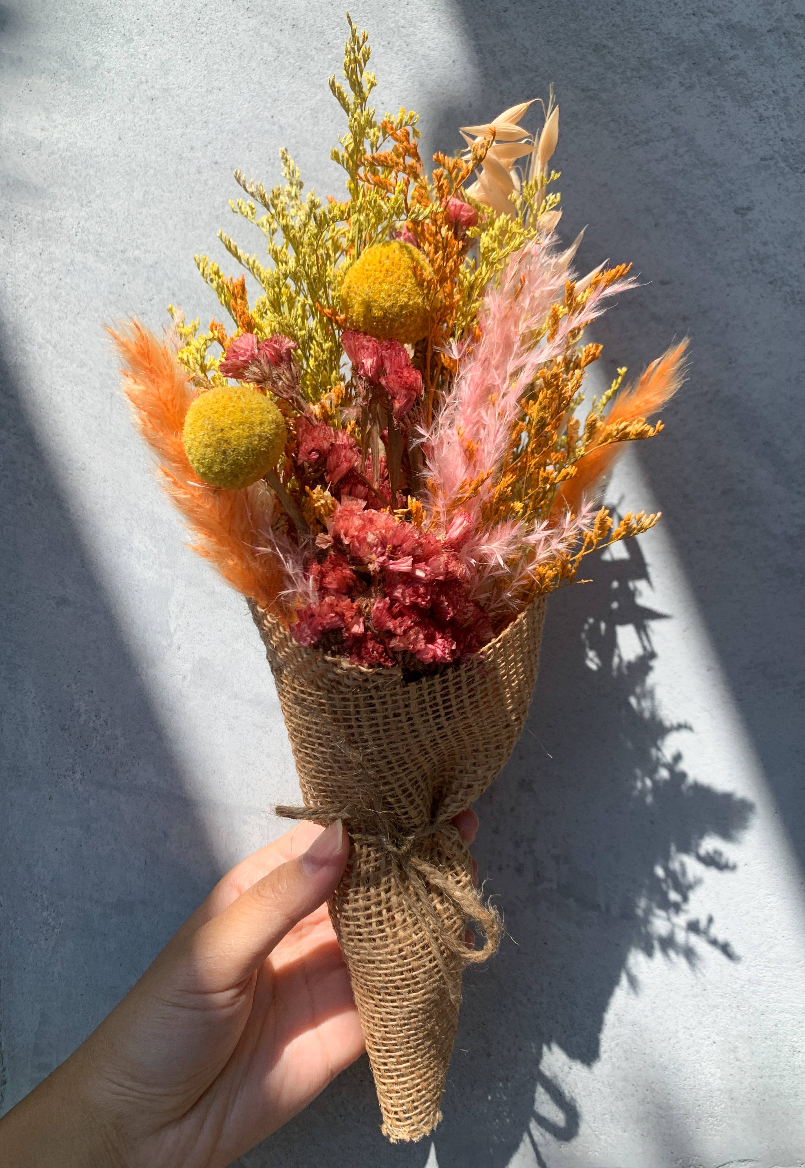 Wholesale Vibrant Dried Flowers Burlap Bouquet for your store - Faire