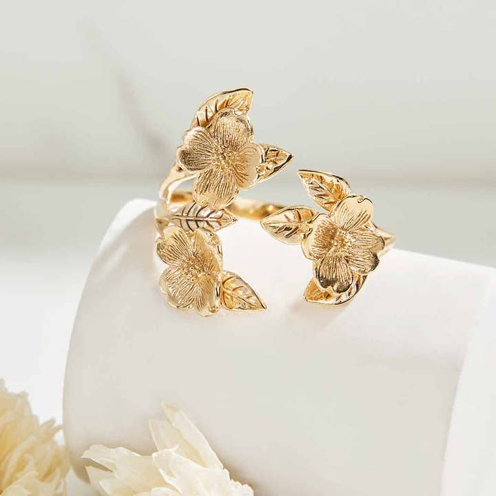 Nina Designs - Wholesale Cocktail/Statement Ring - Silver or Bronze Adjustable Dogwood Flower and Leaf Ring
