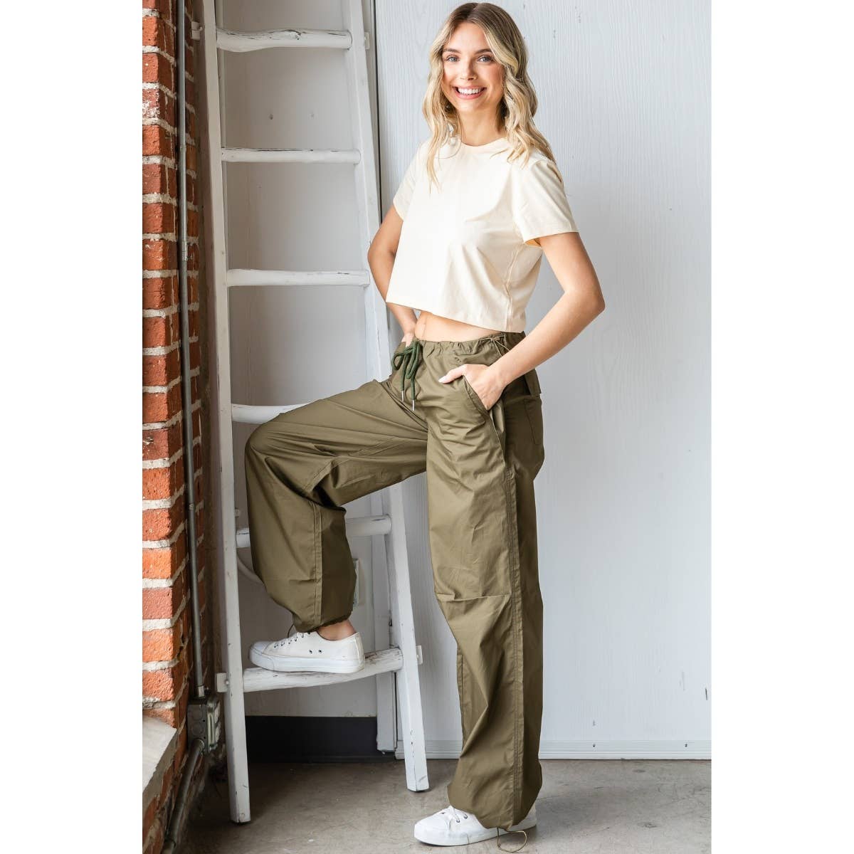 Olive Wide Fit Drawstring Parachute Pants for wholesale on Faire9