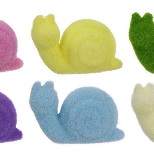 5,5"L x 3,75"H Flokbelagt Snegl 6 Assorterede Lilla, Pink, Creme, Grøn, Blå, Gul HE723698 for engroshandel hos Trendy tree