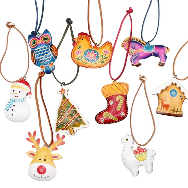 Assorted Christmas theme leather ornaments stocking snowman etc for wholesale by Sunflower Handmade leather inc