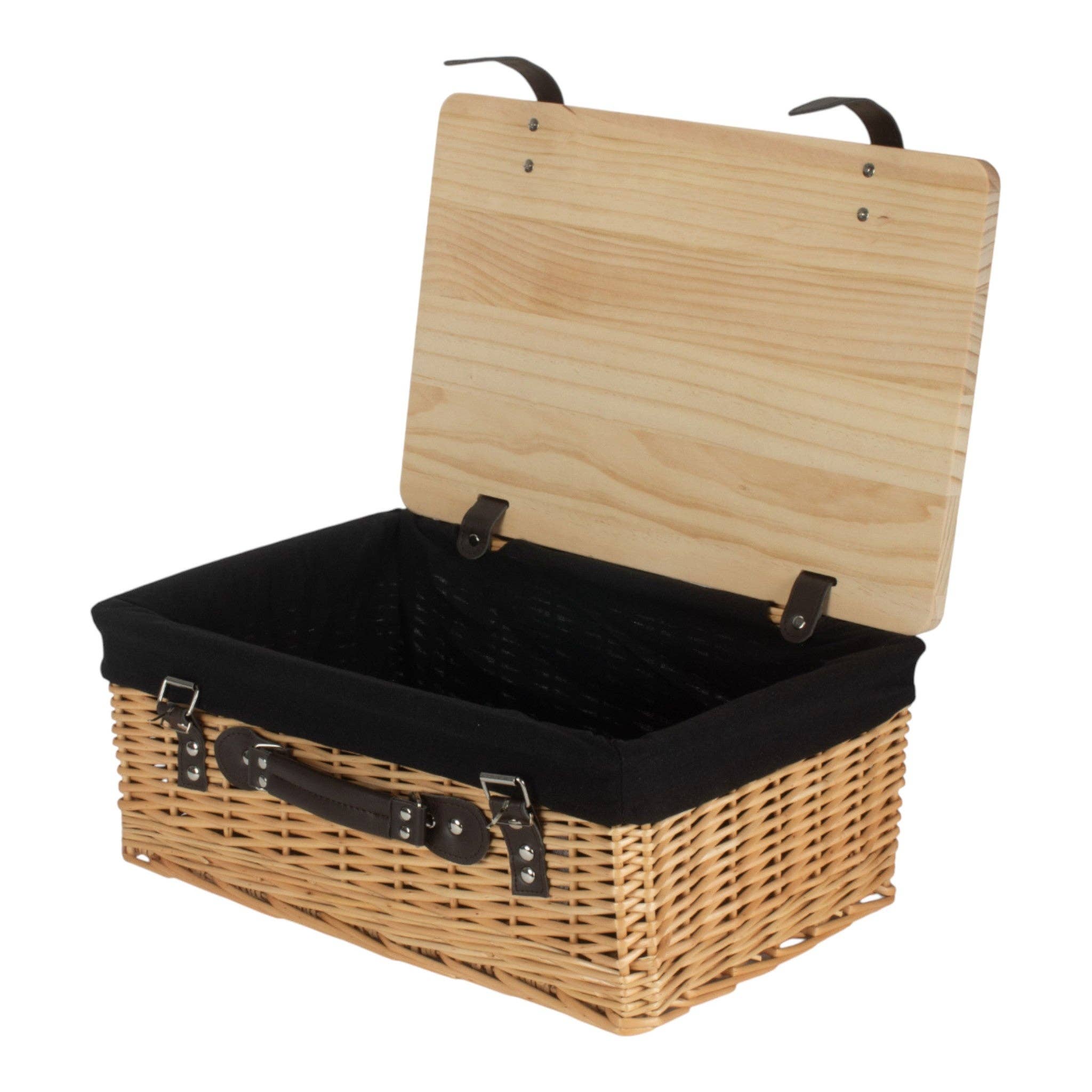 Red Hamper - Venta al por mayor Cestas de pícnic - Cesta de picnic vacía de mimbre negro forrado Buff con tapa de madera de pino0