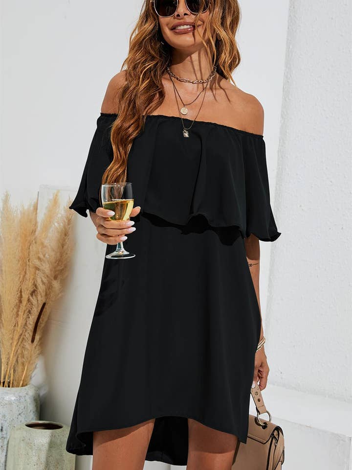 FS Collection - Wholesale Jurk - Dames - Bardot off-shoulder mini-jurk met ruches in zwart