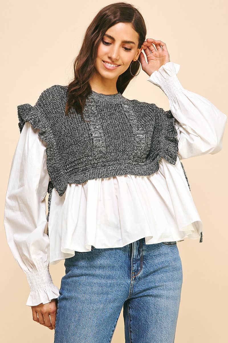 PINCH - Wholesale Blouse - Women's - WOVEN KNIT COMBO BLOUSE - 4974T (GREY)2