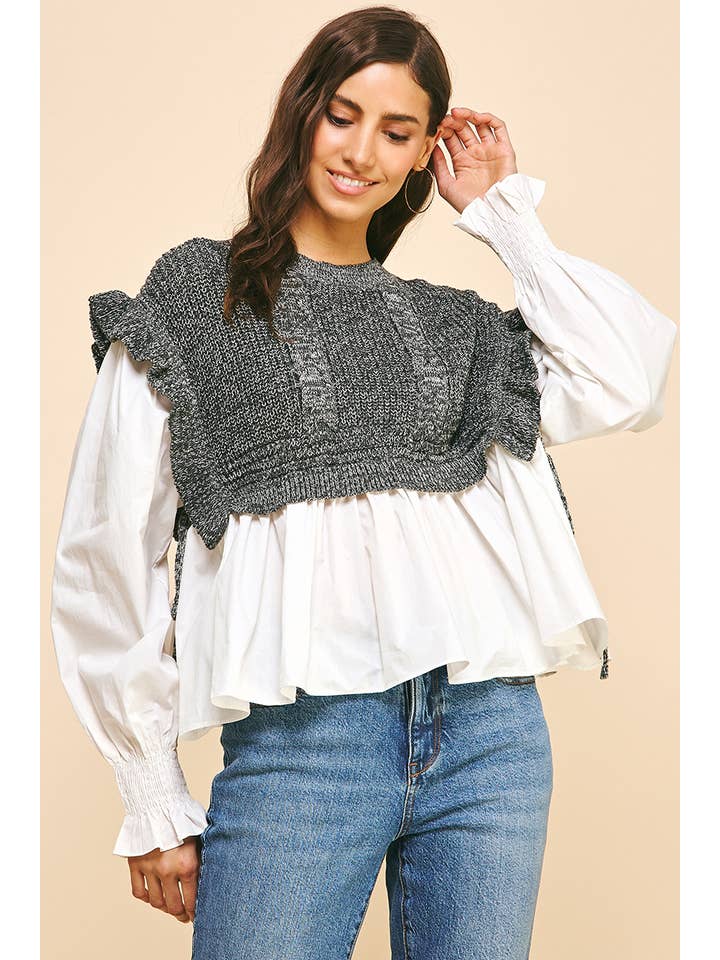 PINCH - Wholesale Blouse - Women's - WOVEN KNIT COMBO BLOUSE - 4974T1