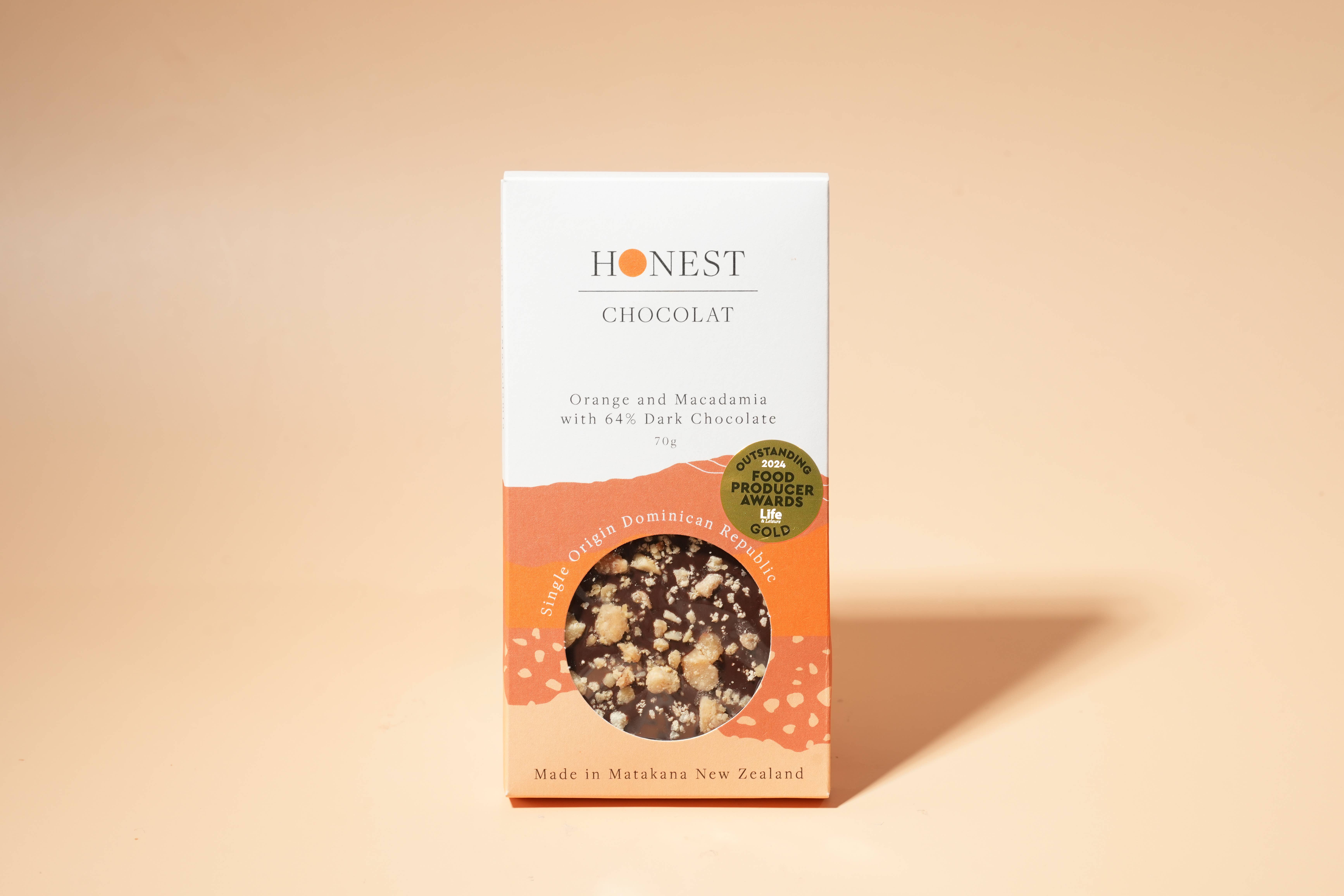 Honest Chocolat - Wholesale Chocolate bar - Orange & Macadamia - Dark Chocolate Bar - 64% Cacao