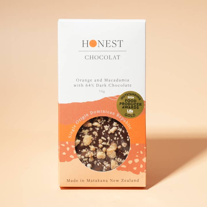 Honest Chocolat - Wholesale Chocolate bar - Orange & Macadamia - Dark Chocolate Bar - 64% Cacao0