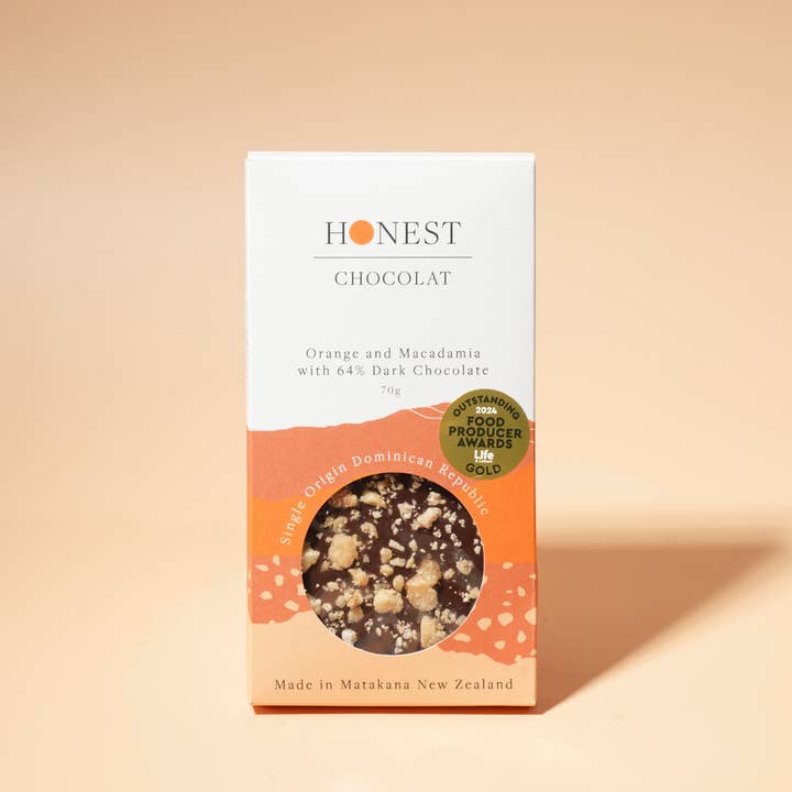 Orange & Macadamia - Dark Chocolate Bar - 64% Cacao for wholesale by Honest Chocolat