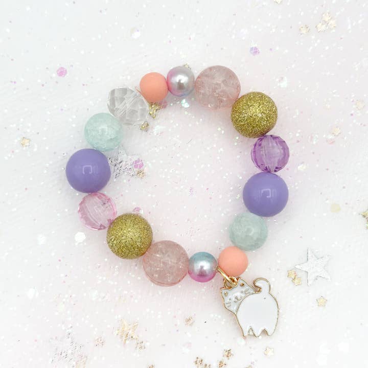 Kids Bracelet - Pastel Beaded with Kitty Charm for wholesale by Peach Tree & Co.