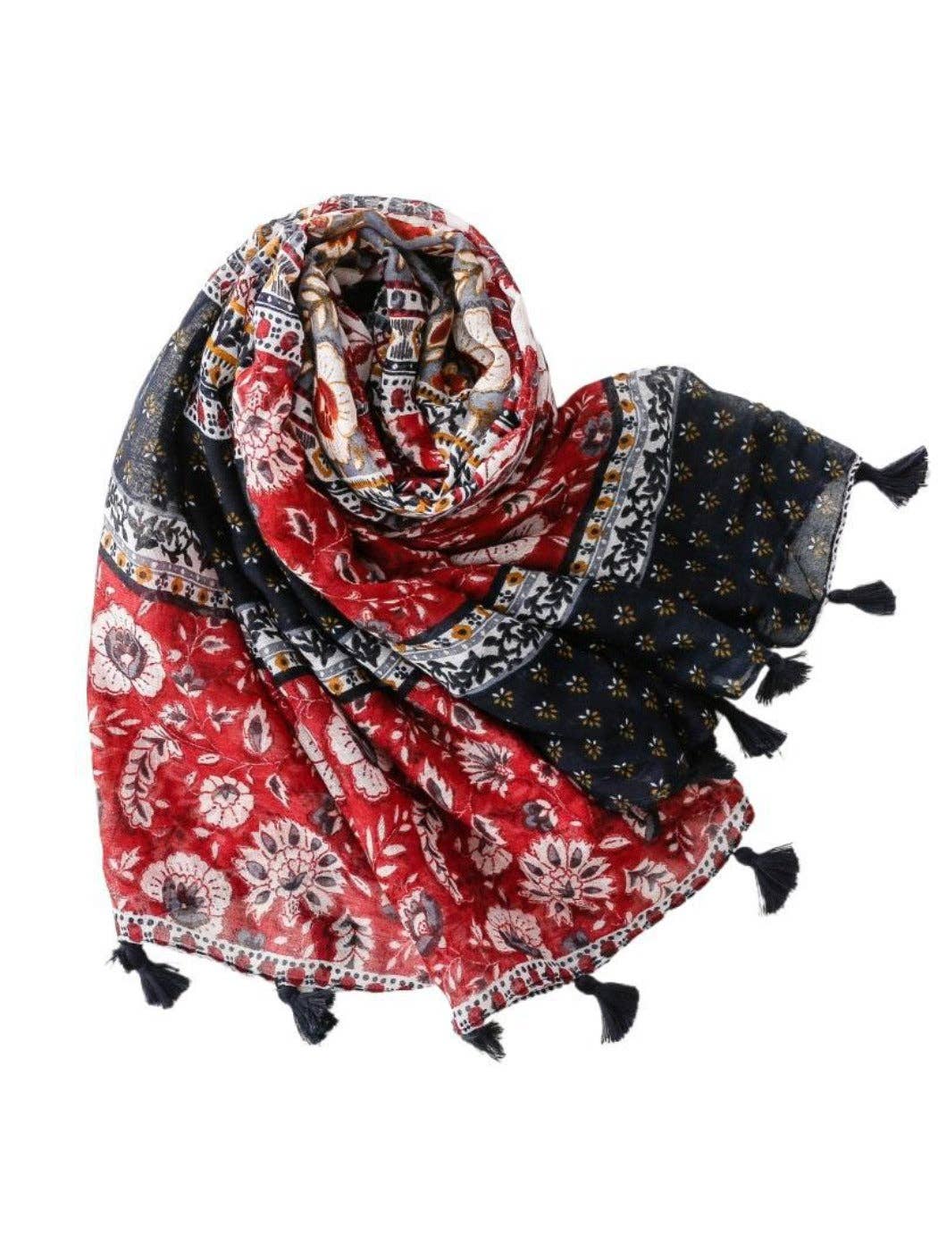 Red Scarvii - Bohemian Floral Geometric Tassel Scarf for wholesale on Faire0