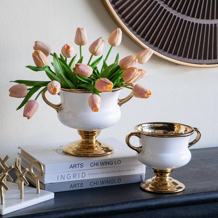 A&B Home Group Inc. - Wholesale Vase - 10x7x7" White Ceramic Flower Vase with Gold Electroplating1