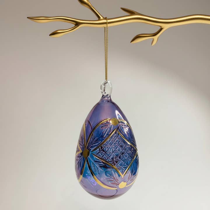 Blown Glass Egg Ornament - Engraved Flowers in Purple for wholesale by Dandarah (Ships from USA)