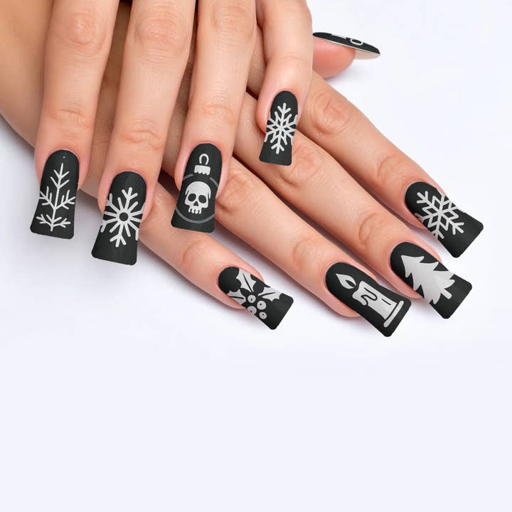 Noir Frost Festive Black Press-On Nails for wholesale by FYNE BODY