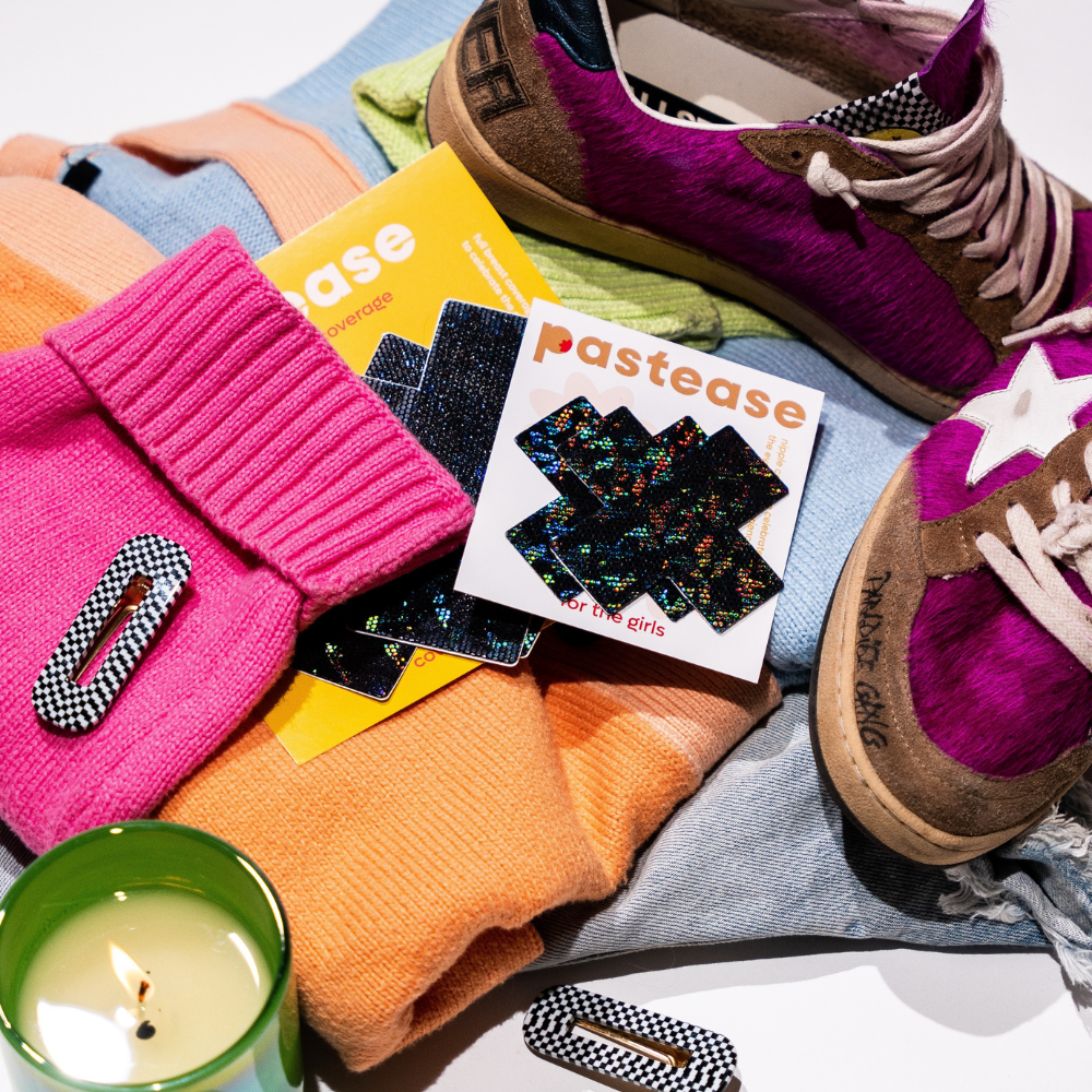 Pastease® - Wholesale Nipple Pasties - Women's - Plus X: Shattered Glass Disco Glitter Black Cross Pasties5