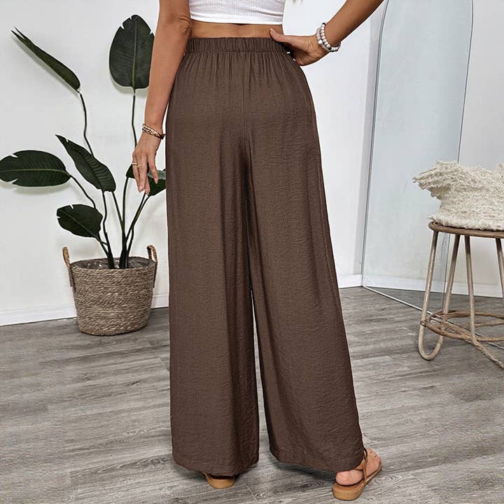 Brown Lace-Up Embroidered Solid Color Wide-Leg Pants for wholesale on Faire4