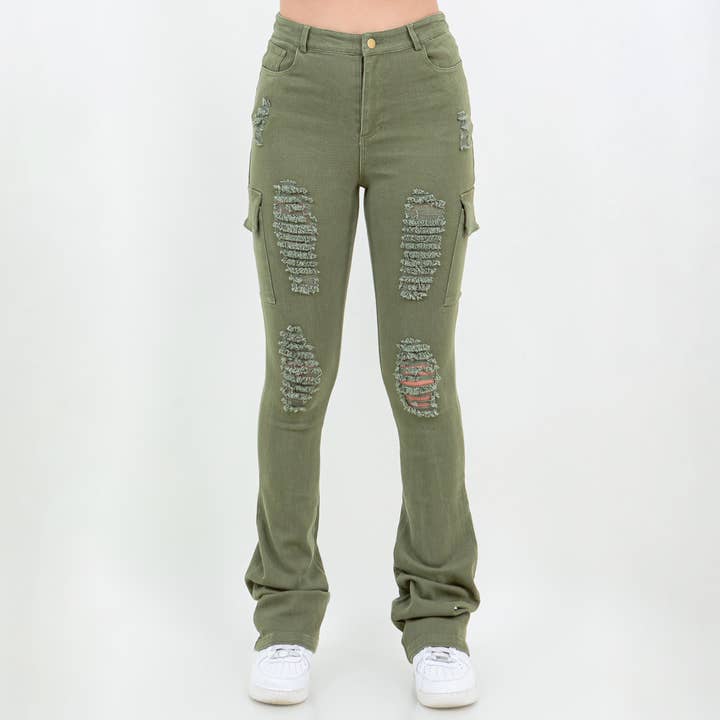 American Bazi - Wholesale Pants - Women's - DISTRESSED CARGO POCKET STACKED PANTS-RJH97585