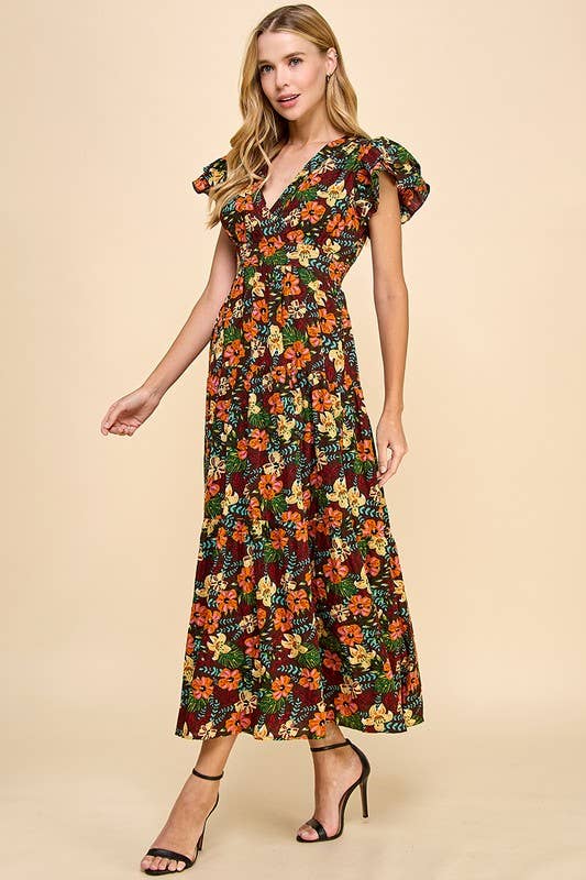 Marron CD04768-Robe midi à manches volantées à imprimé floral en vente sur Faire2