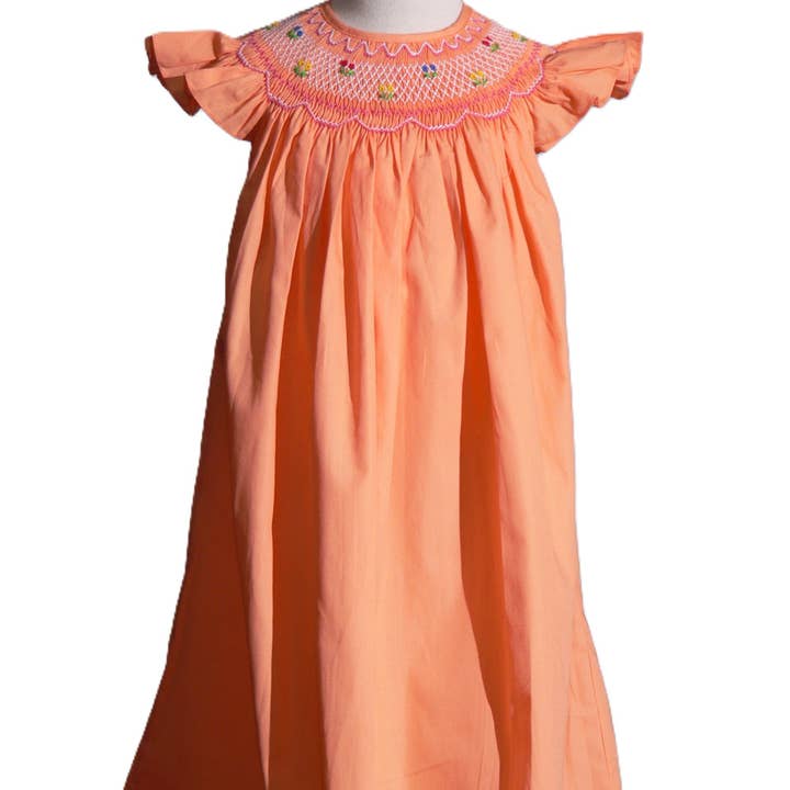 Orange Geometric Smocked With Flowers Angle Wing Sleeve Dress for wholesale by Hello Bebes!